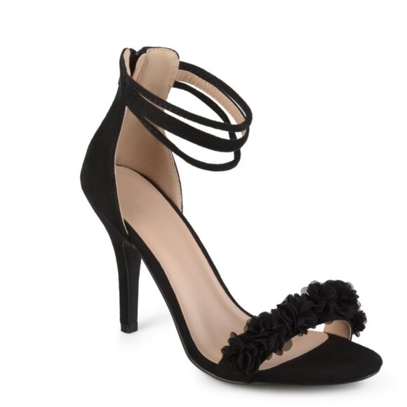 JC Shoes - Black Strappy 4" Heels Faux Suede Flower Accents 3 Straps Heel